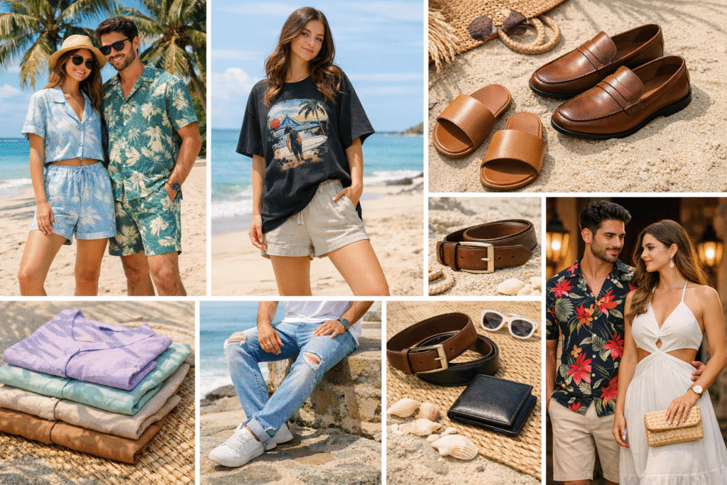 Summer vacation fashion essentials for men and women including co-ord sets, oversized graphic t-shirts, leather loafers, pastel outfits, lightweight denim, belts, wallets, and statement beachwear outfits styled for tropical destinations like Goa and Maldives.
